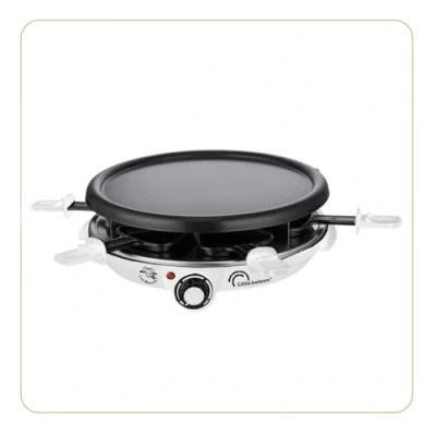 Imagen de LITTLE BALANCE 8748 Cheese &amp; Panqueques Meuuuh...!, Raclette Grill Crepera, 3 en 1, 6 espátulas de madera, Sin PFAS, personas, 1200 W, Blanco