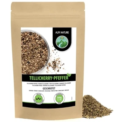Imagen de pimienta Tellicherry molida gruesa (500g), molida, granos de negros cultivo controlado, probados en laboratorio, 100% puros y naturales