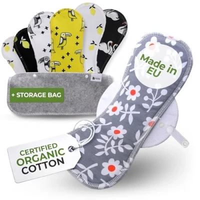 Imagen de Compresas Reutilizables Ecológicas de Algodón Orgánico; 7 Pack (tamaños S,M,L,XL) Tela Lavables HECHAS EN LA UE; Mujer Organico para menstruación, postparto, incontinencia