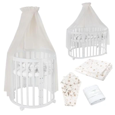 Imagen de Waldin Cuna Ovalada 7en1, con Colchón y Ruedas, Cambiador, de Crecimiento, Cama para Bebé, Colecho Madera Blanco, Textiles Diente León Champán