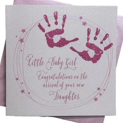 Imagen de WHITE COTTON CARDS Blanco Tarjetas de algodón Rosa y Gotas Poco niña bebé Felicidades por la Llegada su Hija Hecho a Mano Nuevo Tarjeta