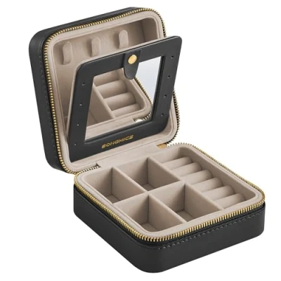 Imagen de SONGMICS Caja Joyero de Viaje, Joyas Pequeña, Portátil, con Espejo, Cremallera, Revestimiento PU, 11,4 x 5,5 cm, Idea Regalo, Negro Tinta JBC146BKV1