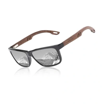 Imagen de KINGSEVEN Gafas de Sol Cuadradas Polarizadas para Hombre, Vintage con Espejo Marco Madera Cebra Conducir W5508 (Plata)
