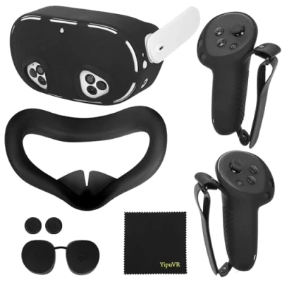Imagen de juego de accesorios VR 5 en 1 para MetaQuest 3S, funda protectora silicona compatible con la cubierta agarre del controlador Quest 3S