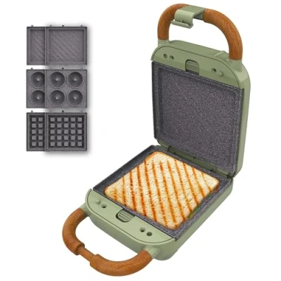 Imagen de Cecotec Sandwichera Vintage Rock&#039;Ntoast Retro One Green. 700W, 3 Placas Intercambiables, Diseño Retro, Revestimiento Rockstone, Indicador Luminoso, Base Antideslizante, Asa de Tacto Frío, Pinza Cierre