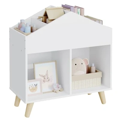 Imagen de Lestarain Librería Infantil, Estantería Organizador de Juguetes y Libros para Niños, en Forma Casita con 6 Compartimientos Patas Madera Maciza, Blacnco, 60x30x64,5 cm