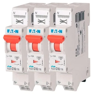 Imagen de EATON 109128 PLGC4 C10/1N Disyuntor modular PH/N Blanco Mando naranja 1P+N/10 A Curva C Conexión directa sin tornillos 3 disyuntores
