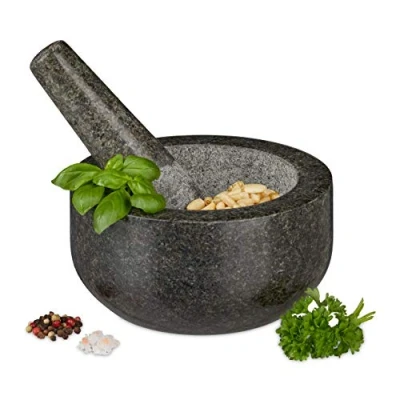 Imagen de Relaxdays 10029956 Granito, Resistente y Duradero, Especias, Hierbas, mortero de Piedra Pulida, diámetro 16 cm, 400 ml, Gris