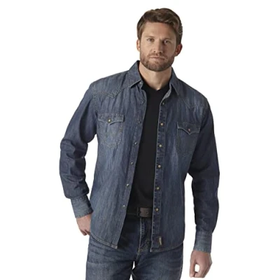 Imagen de Wrangler Camisa Retro de Manga Larga con Dos Bolsillos a presión, Azul Vaquero, XL para Hombre