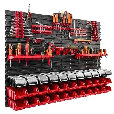Imagen de 33 cajas apilables de pared con tapa plástico, 115 x 78 cm, soporte para herramientas, taller, garaje, sistema almacenamiento