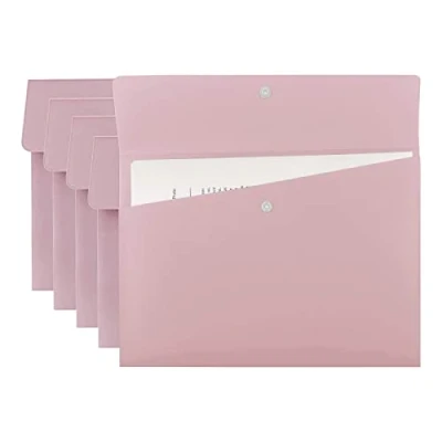 Imagen de VANRA Carpetas de polietileno tamaño carta, organizador sobres plástico A4, soporte plano para documentos con cierre botón a presión (rosa pastel, paquete 5)