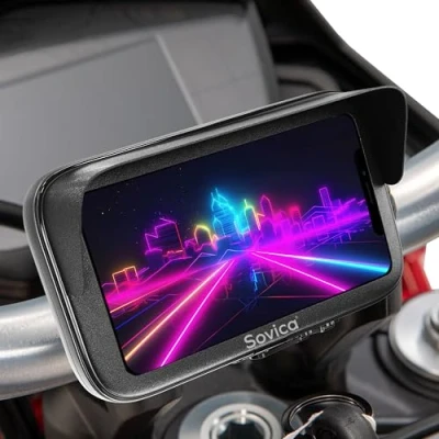 Imagen de Soporte movil Moto Impermeable con Cargador 2.1A Sistema Unico conexion rapida Funda Visera antireflejos Valida para Smartphones hasta 7.5&quot; sujecion al Manillar irrompible