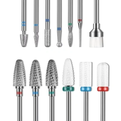 Imagen de Depvko Juego de 13 brocas para uñas, 3 carburo tungsteno + cerámica uñas 6 diamante 1 cepillo, 3/32 pulgadas taladro