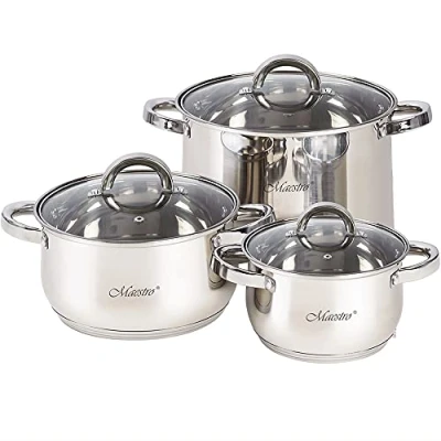 Imagen de Maestro MR 2120 6L Batería de Cocina Acero Inoxidable, 6 Piezas, Inducción, 3 Cacerolas, Tapas Cristal, Apta Para Todo Tipo Cocinas, Lavavajillas