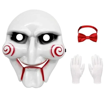 Imagen de Carnavalife Mascara Saw Asesino, Halloween, Clown Billy Mask,Mascara Halloween Adulo,Mascara Terror Pelicula (MASCARA SAW+PAJARITA+GUANTES)