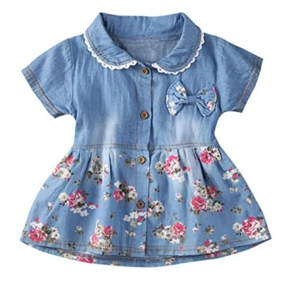 Imagen de Fossen Bebe Niñas Vestido de Mezclilla Vestidos Mangas Cortas con Estampado Floral (0 6 Meses, Azul)