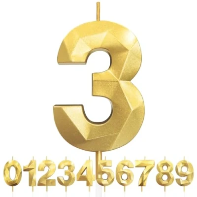 Imagen de Velas de 3 Cumpleaños Dorado, 3D Número 3, Vela para Pasteles, Feliz Cumpleaños,Velas Decoraciones Cumpleaños, Fiestas, Bodas, Aniversarios