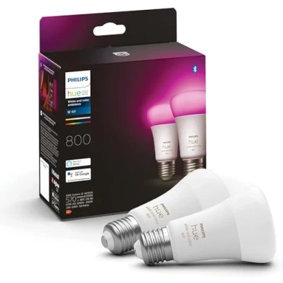 Imagen de Philips Hue Bombilla LED Inteligente, A60 E27, Luz Blanca y de Colores, 6.5W (Eq. 60W) 800 lúmens, Compatible con Alexa Google Home Pack 2 Bombillas Inteligentes