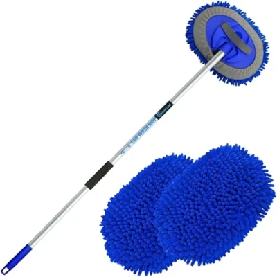 Imagen de GreatCool 160 cm Cepillo Lavar Coche con Mango Largo, 2 en 1 Azul Chenille Microfibra 180 Rotación Mopa de Limpieza Guantes para Camiones,SUV,RV,Remolque (2 x Cabezales Fregona)