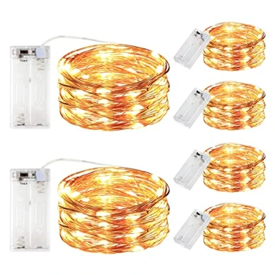 Imagen de innotree Juego de 6 cadenas luces mejoradas con temporizador, batería cobre, 3 m, 30 ledes, cadena Navidad, funciona pilas, impermeables, decoración botellas, blanco