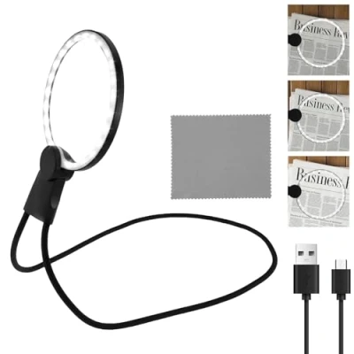 Imagen de lupa manos libres 5X con luz para trabajo cercano, de cuello 24 luces LED ultra brillantes, mano recargable personas mayores leer libros, costura, punto cruz