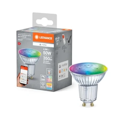 Imagen de LEDVANCE SMART+ MATTER Lámpara reflectora LED, compatible con Google, Alexa, Apple, cristal, 4,9W, 350lm, GU10, función RGBW y luz blanca, app o control por voz, vida útil de hasta 20.000 horas