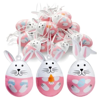 Imagen de com four® 12x Perchas Decorativas de Pascua Conejito en Forma Huevo Metal Decoraciones para Colgar arbustos, árboles, Puertas y Ventanas (Rosa + Blanco)
