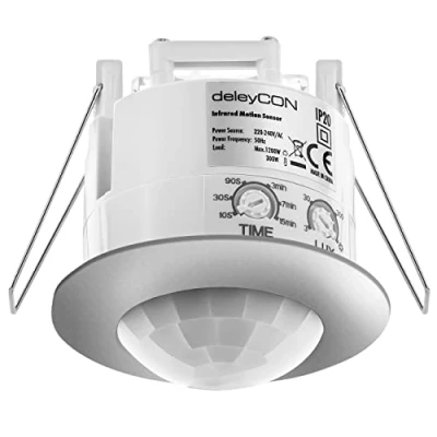 Imagen de deleyCON 1x Infrarrojos Detector de Movimiento Techo En el Interior Alcance 6m a 360 Brillo Ambiente Ajustable IP20 Montaje Empotrado Cromado