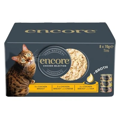 Imagen de Encore 100% Comida Húmeda Natural para Gatos, Selección de Pollo, Pechuga Pollo con Queso y Jamón, 4 x (8 70g) Latas