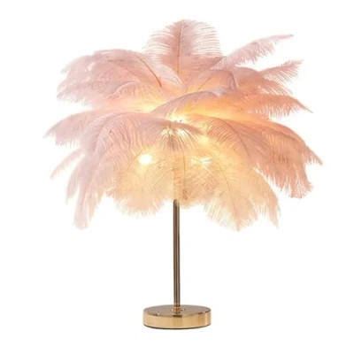 Imagen de DUNMW Lámpara de mesa plumas avestruz rosa creativa noche Luz elegante Pantalla Iluminación para sala estar Dormitorio Decoración del hogar, recargable