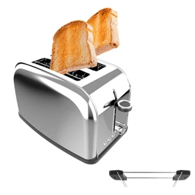 Imagen de Cecotec Tostador Vertical Toastin&#039; Time 850 Inox Essential. 850W, Doble Ranura Larga y Ancha 3,8cm, Varillas Superiores, Acero Inoxidable, Apagado Pop up Automático, Recogemigas
