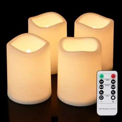Imagen de FREEPOWER Juego de 4 velas LED para exteriores, resistentes al agua, con temporizador, mando a distancia, funciona pilas, sin llama, parpadeo eléctrico, luz blanca cálida, plástico, diámetro