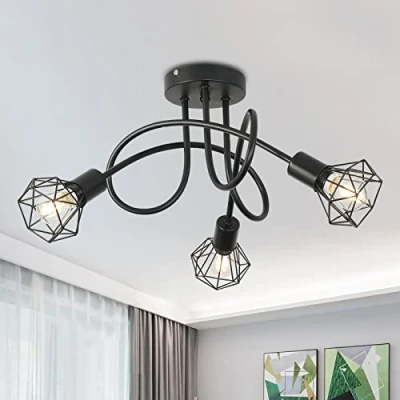 Imagen de lámpara de techo industrial 3 vías, montaje semiempotrado, base E14, metal negro, luces, para dormitorio, sala estar, comedor, pasillo (bombillas no incluidas)