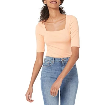 Imagen de Amazon Essentials Camiseta Entallada con Media Manga y Cuello Cuadrado Mujer, Naranja Coral, L