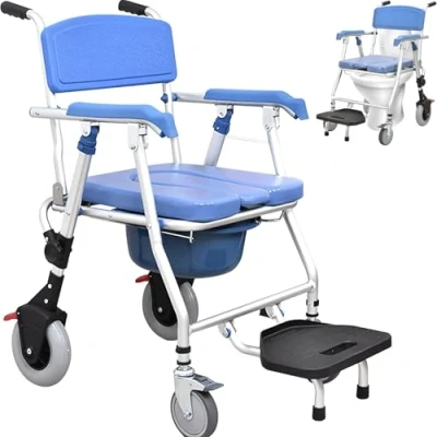 Imagen de 3 en 1 Silla Ducha WC con Ruedas, para Plegable de Inodoro Personas Mayores Frenos y Orinal, Taburete Impermeable Antideslizante
