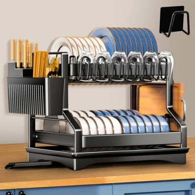 Imagen de UCAMP Escurreplatos Acero Inoxidable Cocina,Escurridor de Platos 2 Niveles con Función Drenaje Automático y Soporte para Utensilios,Escurridor Fregadero,Escurre Armarios