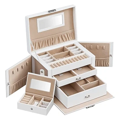 Imagen de SONGMICS Caja Joyero de 3 Niveles, para Joyas con 2 Cajones, Mini Portátil Viajar, Asa, Cerradura, Joyas, Idea Regalo, PU Blanco Nube, Forro Beige Arena JBC121W