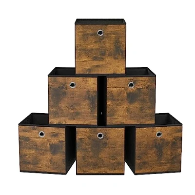 Imagen de SONGMICS Caja Almacenaje, Juego de 6 Cajas Almacenamiento con Asa, Organizadora Tela Oxford y no Tejida, 33 x cm, Ajustable, Plegable, Marrón Rústico Negro RFB133B01