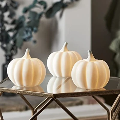 Imagen de Lights4fun Conjunto de 3 Calabazas Halloween Decorativas en Ceramica con LED Blancos Cálidos a Pilas para Interiores