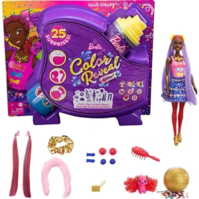 Imagen de Barbie Color Reveal Peinados Lazos, muñeca sorpresa de juguete con accesorios para el pelo y mascota (Mattel HBG40)
