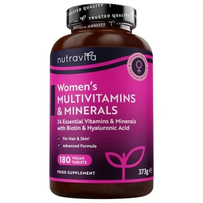 Imagen de Multivitaminas y Minerales Veganas Para Mujer 24 Vitaminas Activos Esenciales que Incluyen Biotina Ácido Hialurónico 180 Tabletas Fabricado por Nutravita