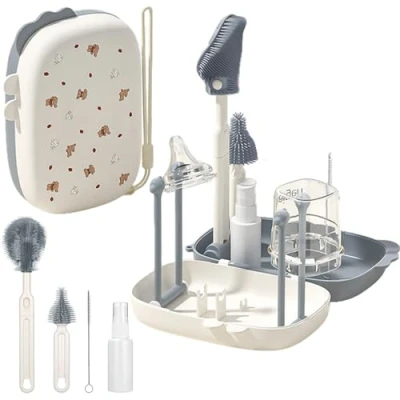 Imagen de 7 en 1 Cepillo Limpia biberones de Silicona, Kit Completo Limpieza con Cepillos para pezón Pajita, dispensador jabón y Estante Secado