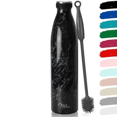 Imagen de Milu botella de acero inoxidable 350ml 500ml 750ml 1 L 1,5 L, agua aislada, aislante a prueba fugas, doble pared, apta para ácido carbónico + cepillo limpieza (Granito, L)