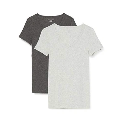 Imagen de Amazon Essentials Camiseta de Cuello en Pico Manga Corta y Ajuste Entallado Mujer, Pack 2, Carbón Mezcla/Gris Claro Mezcla, XS