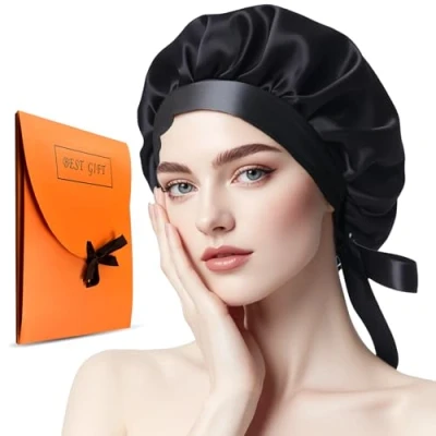 Imagen de Gorro de Dormir Seda Transpirable,Gorra para Antideslizante,Gorro Mujer Con Banda Elástica,Gorro Saten Pelo Suave Elástico,Cuidado del cabello(Negro)