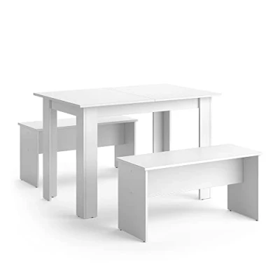 Imagen de Vicco Set de Mesa Comedor Sentio, Blanco, 110 x 70 cm con 2 Bancos