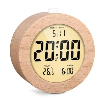 Imagen de Yulado Despertador Digital, Reloj Digital Sobremesa, Redondo LCD, Pilas, con Fecha, Temperatura, RetroiluminacióN Y FuncióN Snooze, Madera