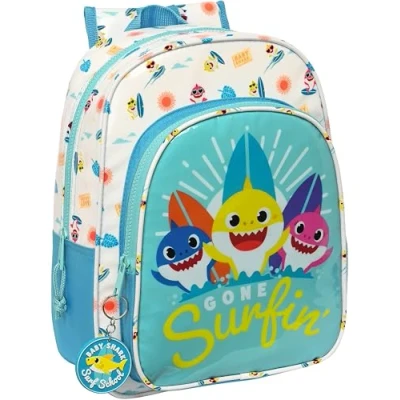 Imagen de BABY SHARK SURFING Mochila Escolar Infantil Animada, Niño, Infantil, Adaptable a Carro, Ideal para Niños en Edad Escolar, Cómoda y Versátil, 26x11x34 cm, Color Azul Blanco