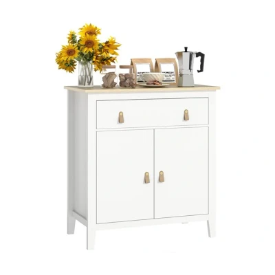 Imagen de HOMCOM Aparador de 2 Puertas Salón Moderno con Cajón Estante Ajustable y Tiradores PU Mueble Auxiliar para Comedor Pasillo 80x40x90 cm Blanco Roble
