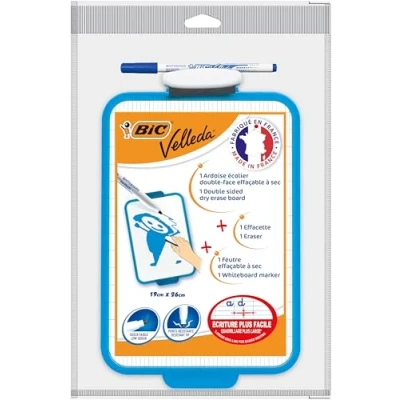 Imagen de BIC Velleda Pizarra Blanca Pequeña de Borrado en Seco Doble Cara con Rotulador Azul y Borrador, 19x26cm, Óptimo para material escolar
